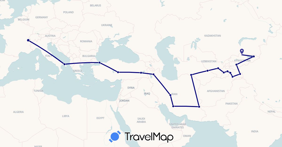 TravelMap itinerary: driving in Switzerland, Iran, Italy, Kyrgyzstan, Tajikistan, Turkmenistan, Turkey, Uzbekistan (Asia, Europe)